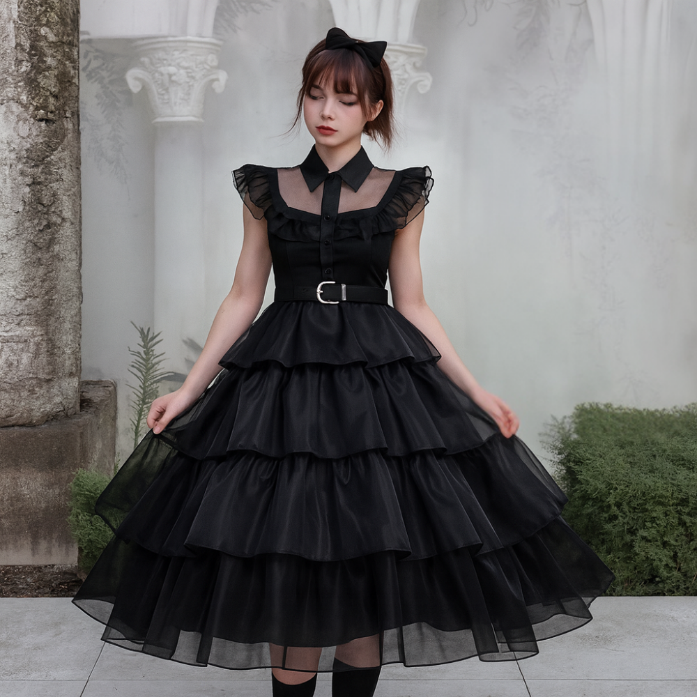 ハロウィン衣装 ゴシック ブラック ラッフル メッシュドレス
