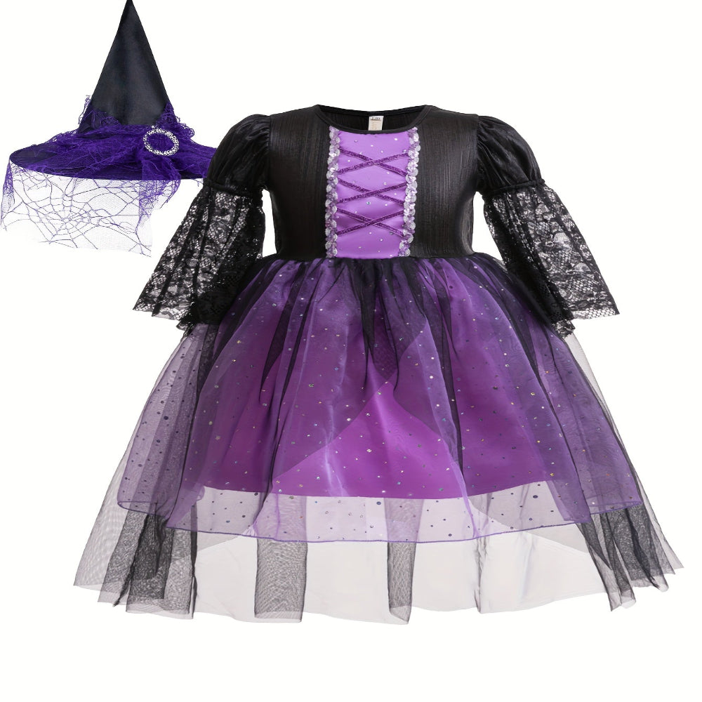 ハロウィン 魔女 コスチューム 子供用 レース ポリエステル パーティードレス 帽子セット