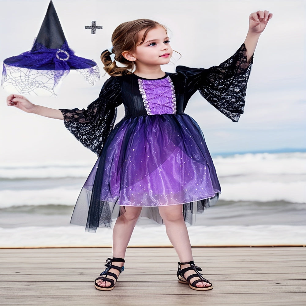 ハロウィン 魔女 コスチューム 子供用 レース ポリエステル パーティードレス 帽子セット