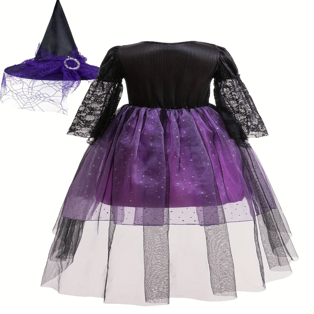 ハロウィン 魔女 コスチューム 子供用 レース ポリエステル パーティードレス 帽子セット