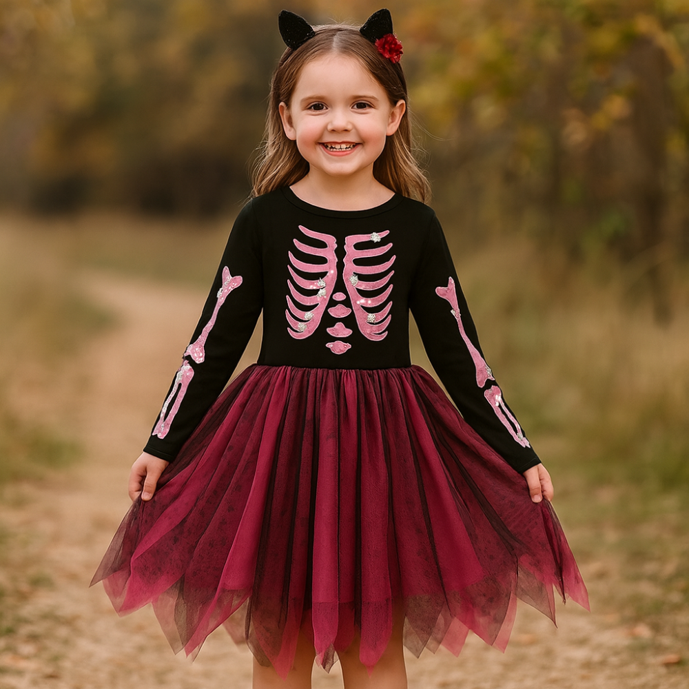 ハロウィン 魔女 コスチューム 子供用 骸骨 チュール ドレス