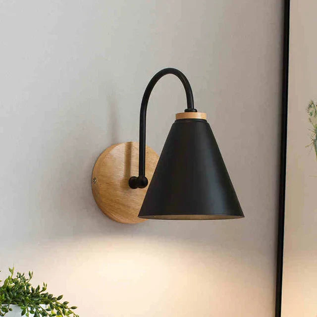 Luminous Oak: Modern Wooden Wall Lamp with Cone Shade in Stylish Scandinavian Design