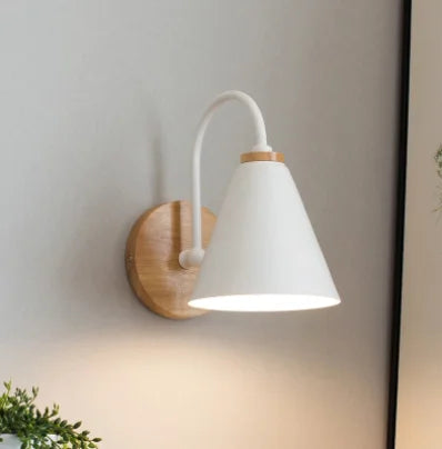 Luminous Oak: Modern Wooden Wall Lamp with Cone Shade in Stylish Scandinavian Design