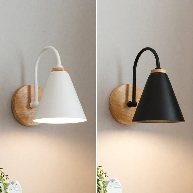 Luminous Oak: Modern Wooden Wall Lamp with Cone Shade in Stylish Scandinavian Design