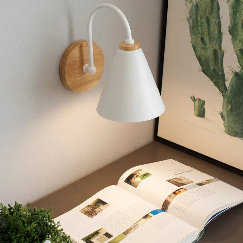 Luminous Oak: Modern Wooden Wall Lamp with Cone Shade in Stylish Scandinavian Design