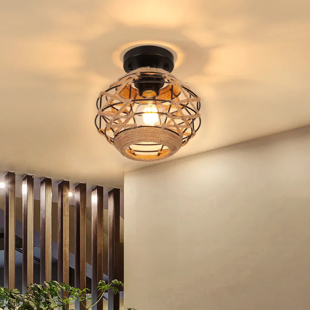 EcoGlow Rattan Ceiling Light – Rustic Vintage Pendant Lamp Crafted from Natural Materials, LED Compatible