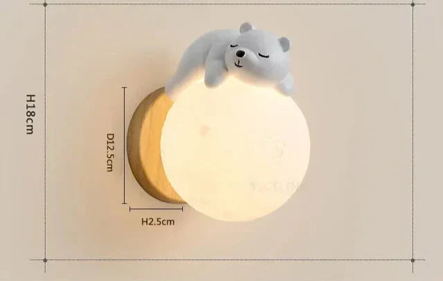 Lunar Glow: Enchanting Wooden and Resin Wall Light with Bear Figure for Children's Rooms