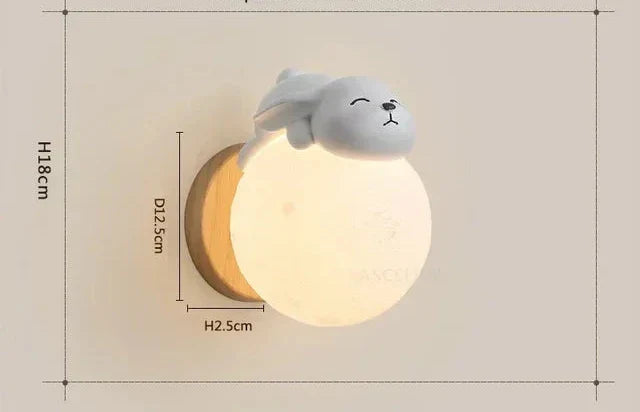 Lunar Glow: Enchanting Wooden and Resin Wall Light with Bear Figure for Children's Rooms