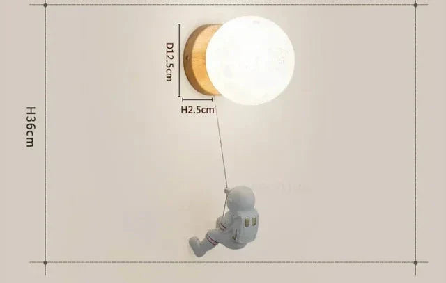 Lunar Glow: Enchanting Wooden and Resin Wall Light with Bear Figure for Children's Rooms