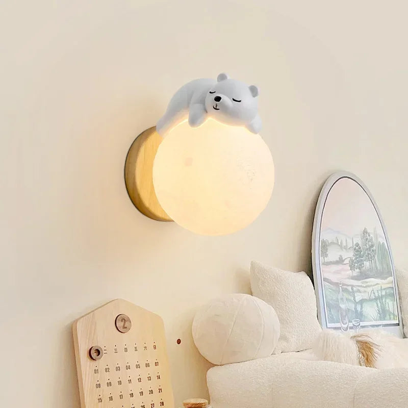 Lunar Glow: Enchanting Wooden and Resin Wall Light with Bear Figure for Children's Rooms