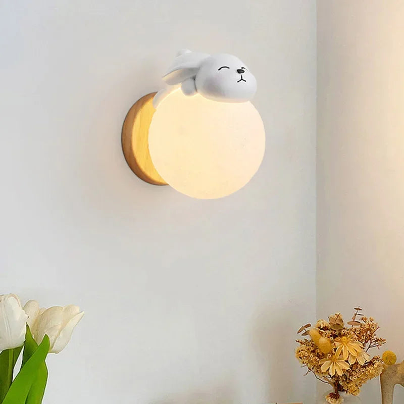 Lunar Glow: Enchanting Wooden and Resin Wall Light with Bear Figure for Children's Rooms