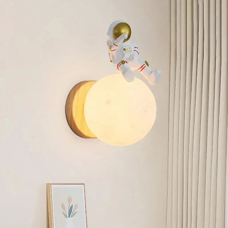 Lunar Glow: Enchanting Wooden and Resin Wall Light with Bear Figure for Children's Rooms