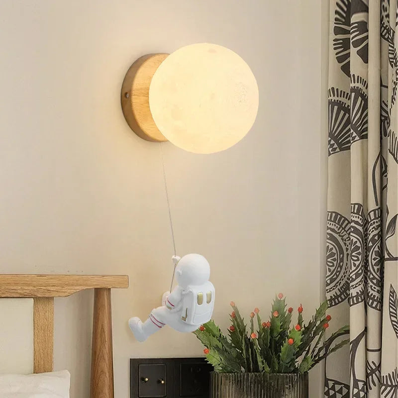 Lunar Glow: Enchanting Wooden and Resin Wall Light with Bear Figure for Children's Rooms