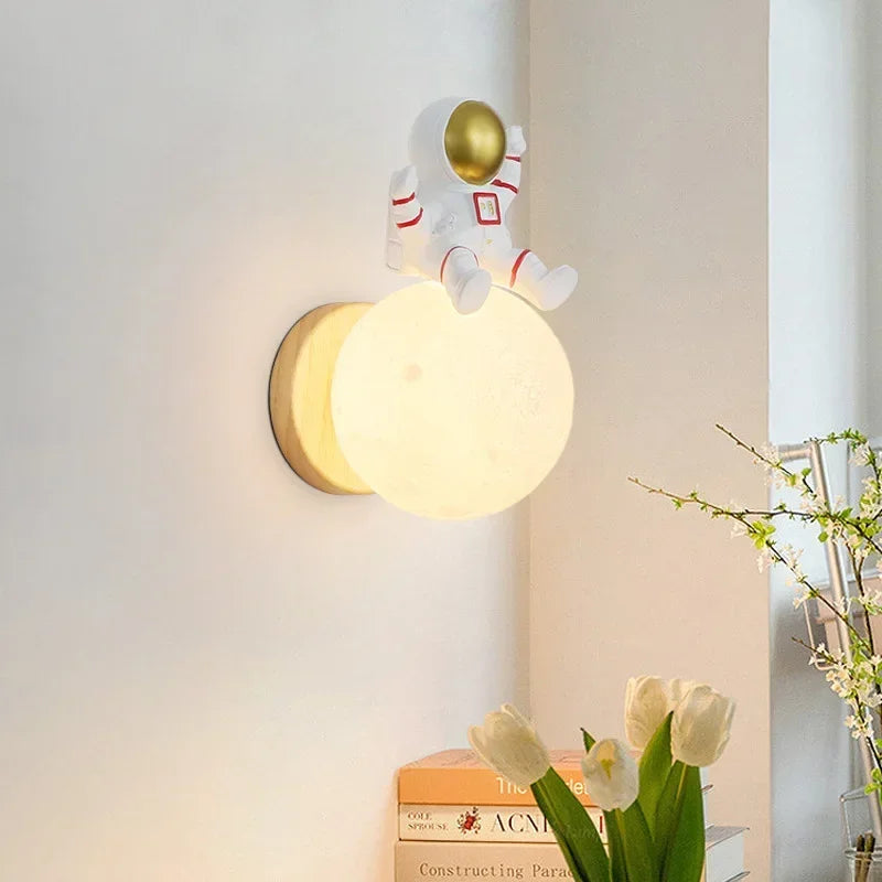 Lunar Glow: Enchanting Wooden and Resin Wall Light with Bear Figure for Children's Rooms