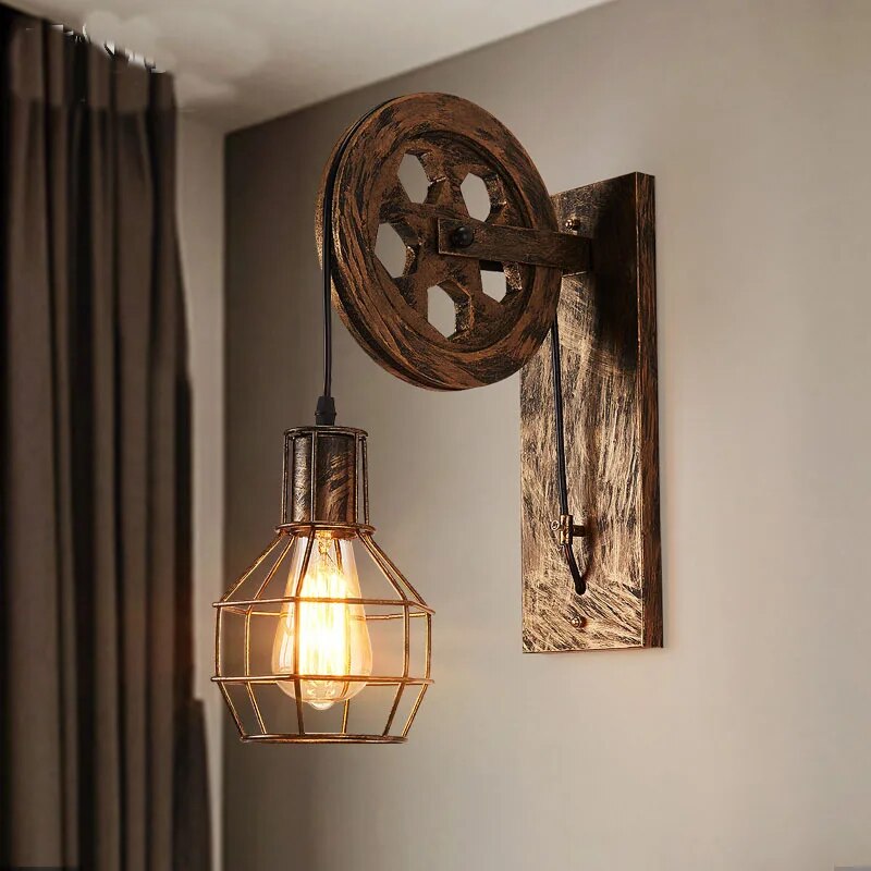 Timeless Glow: Retro Industrial Wall Lamp – Vintage Wood and Metal Design for Rustic Interiors