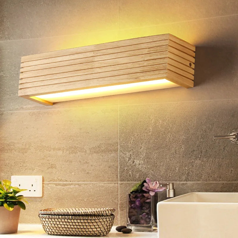 Luminous Timber Glow: Modern Wooden LED Wall Light for Bathroom & Hallway | Minimalist Indoor Lighting in Warm White