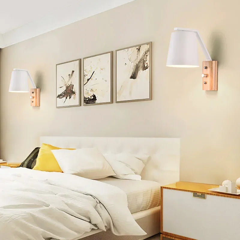 Luminous Haven: Modern Wooden Wall Lamp with Swivel Arm - Rustic Light for Bedroom & Living Space