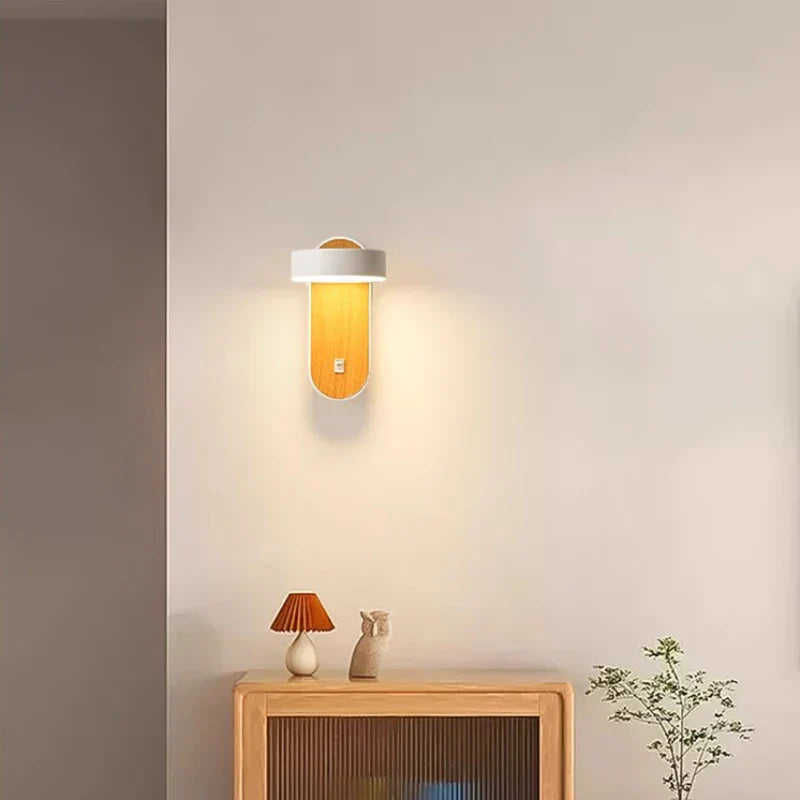 Luminous Nordic Glow – Stylish Rotatable LED Wall Light for Contemporary Bedroom Decor with Wood Finish