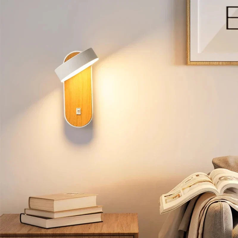 Luminous Nordic Glow – Stylish Rotatable LED Wall Light for Contemporary Bedroom Decor with Wood Finish