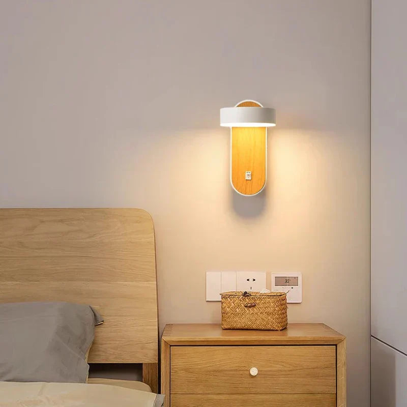 Luminous Nordic Glow – Stylish Rotatable LED Wall Light for Contemporary Bedroom Decor with Wood Finish