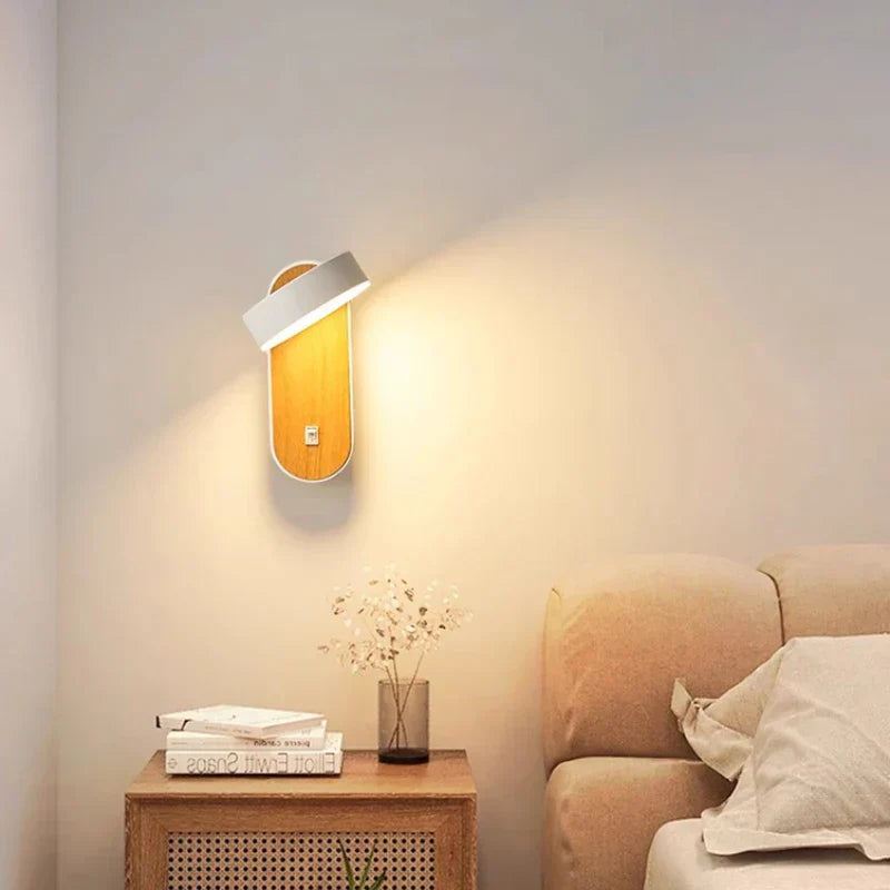 Luminous Nordic Glow – Stylish Rotatable LED Wall Light for Contemporary Bedroom Decor with Wood Finish