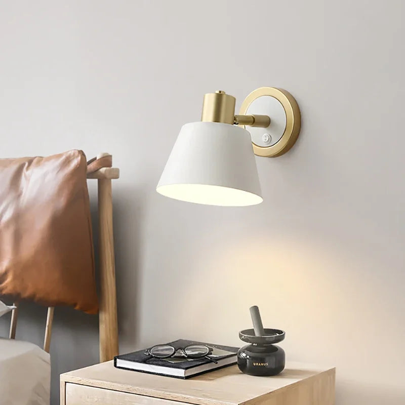 LuxeGlow: Modern Adjustable LED Wall Light with Metal and Fabric Shade for Bedroom & Living Room