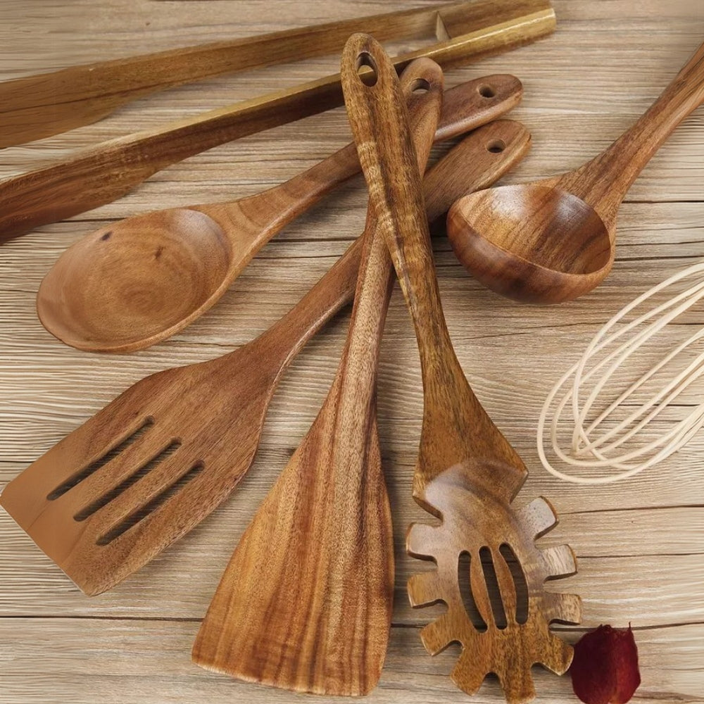 Sæt af trækogeredskaber i teak, non-stick