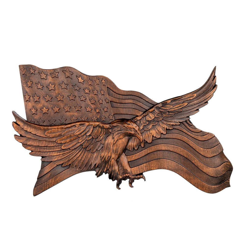 Scultura da parete con aquila intagliata in legno a tema bandiera americana rustica
