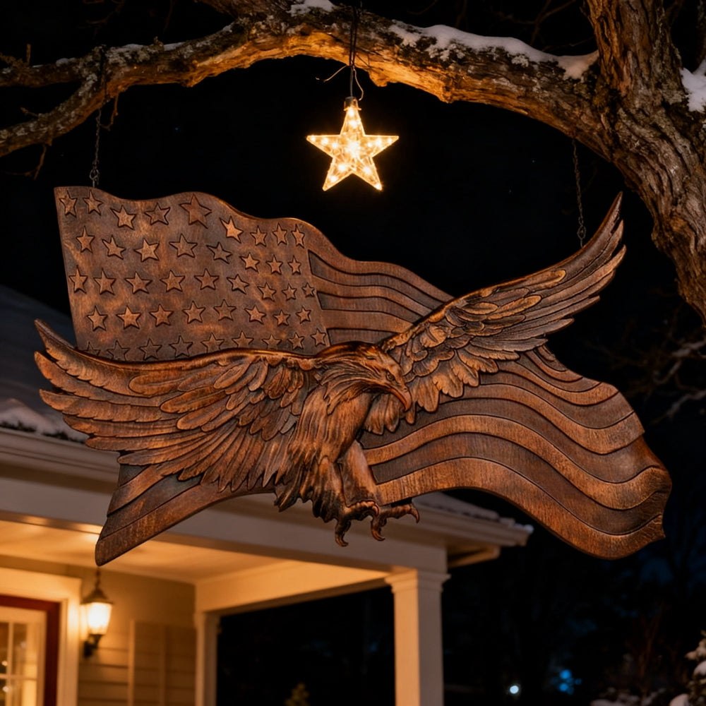 Scultura da parete con aquila intagliata in legno a tema bandiera americana rustica