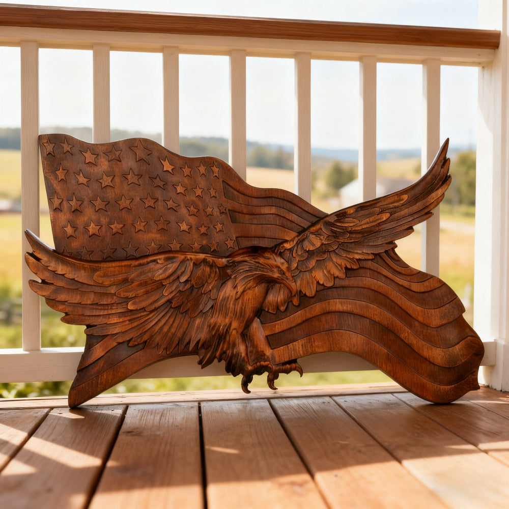 Scultura da parete con aquila intagliata in legno a tema bandiera americana rustica