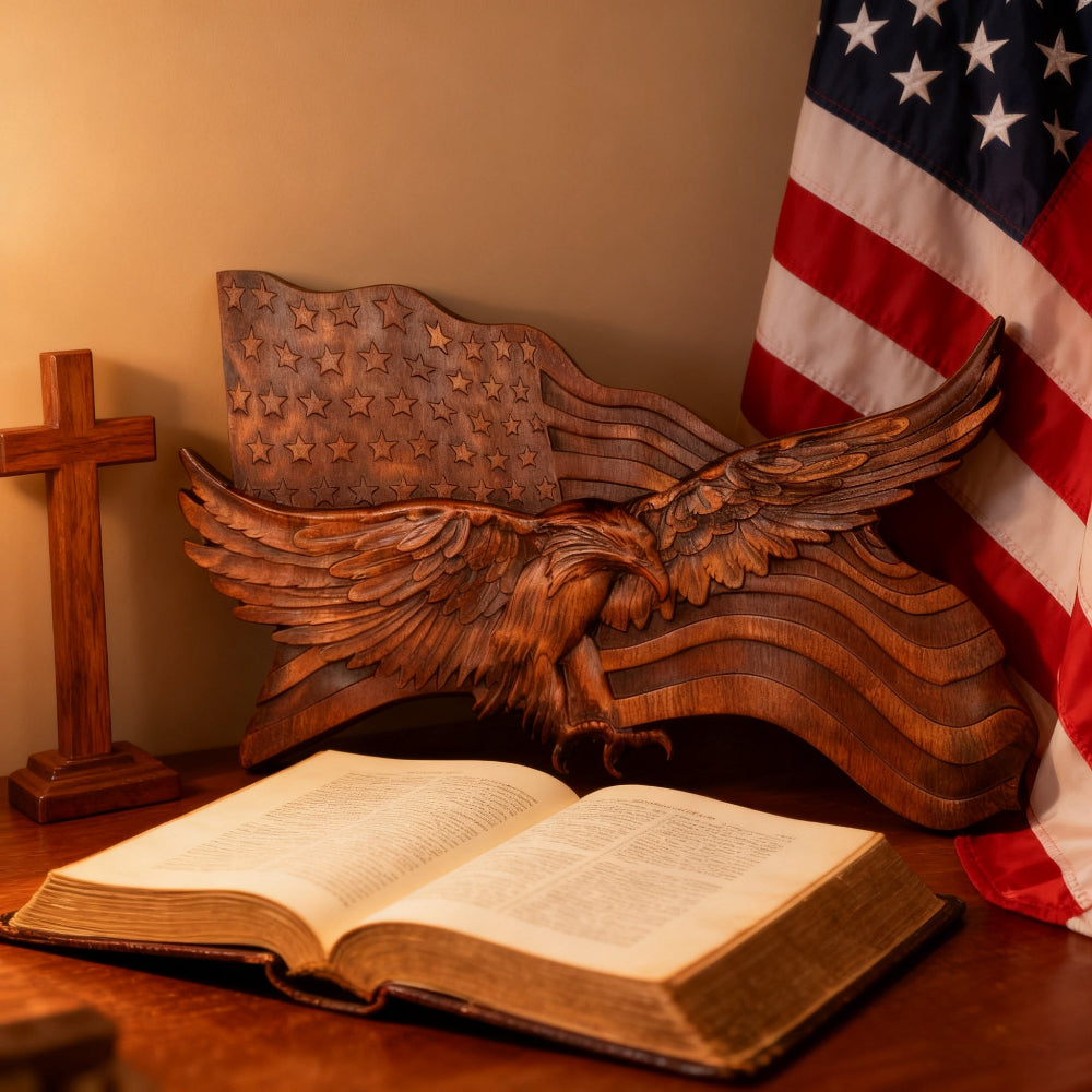 Scultura da parete con aquila intagliata in legno a tema bandiera americana rustica