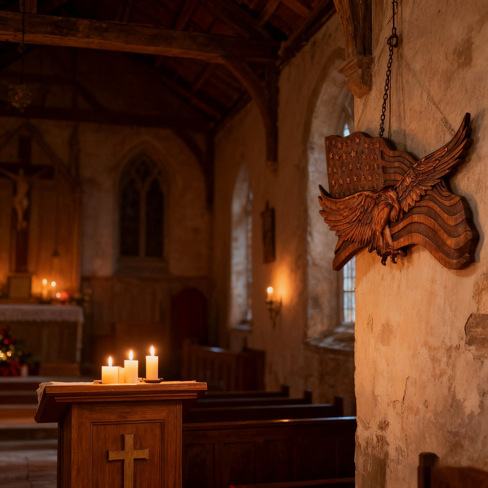 Scultura da parete con aquila intagliata in legno a tema bandiera americana rustica