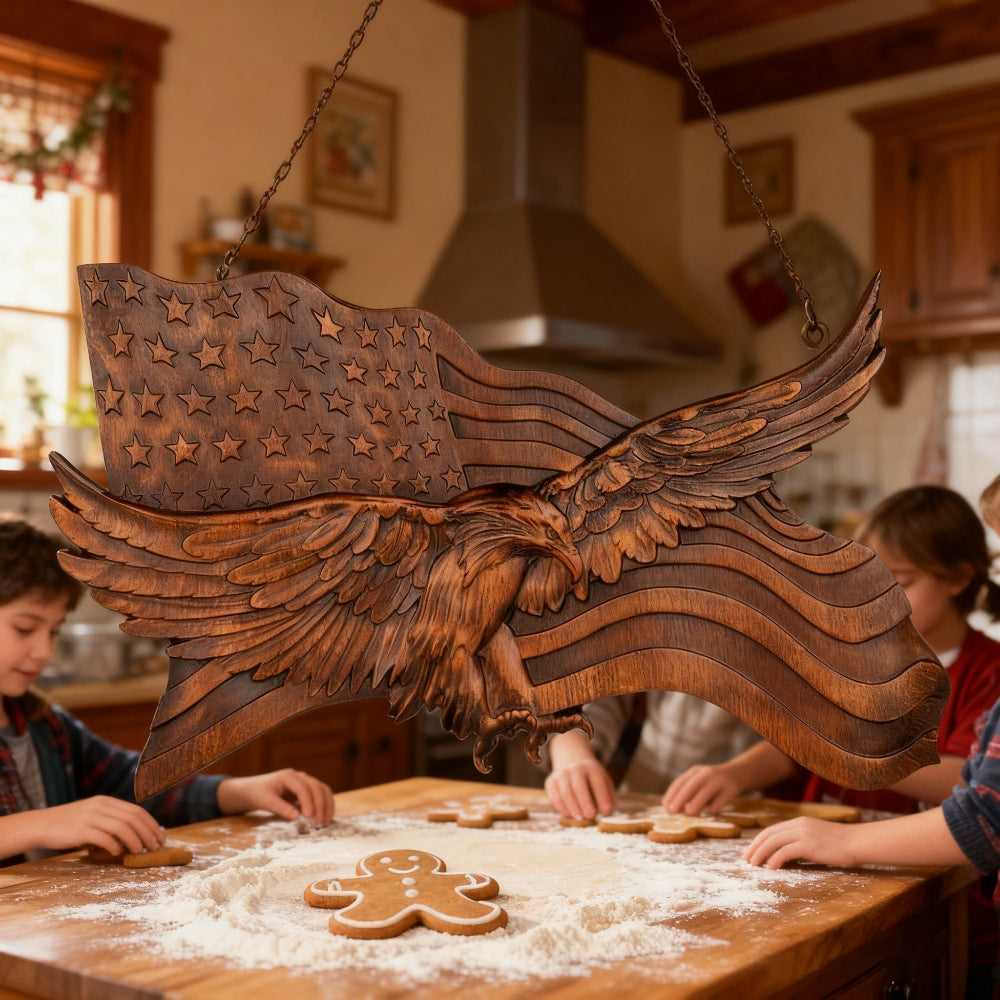 Scultura da parete con aquila intagliata in legno a tema bandiera americana rustica