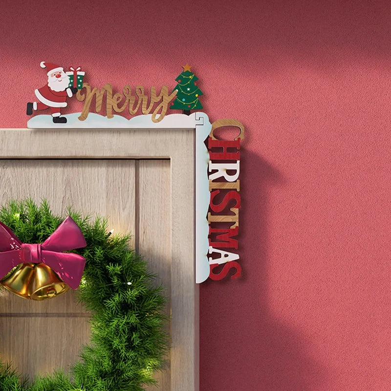 Festive Frame Co. Wooden Christmas Door Decoration – Cheerful Holiday Decor Featuring Santa & Christmas Tree