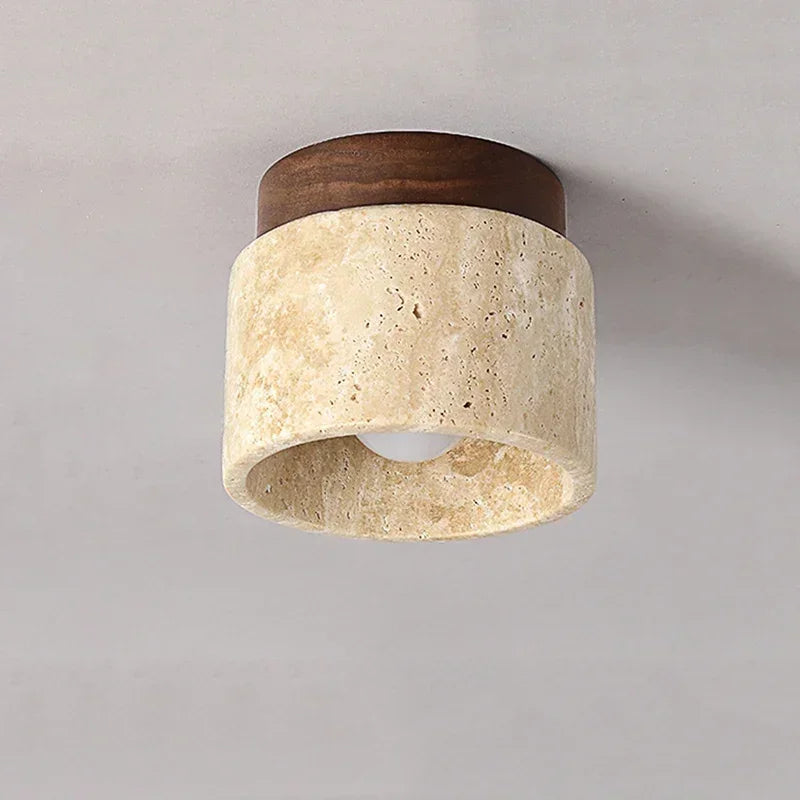 WabiGlow – Japanese Travertine Ceiling Light with Wooden Accents