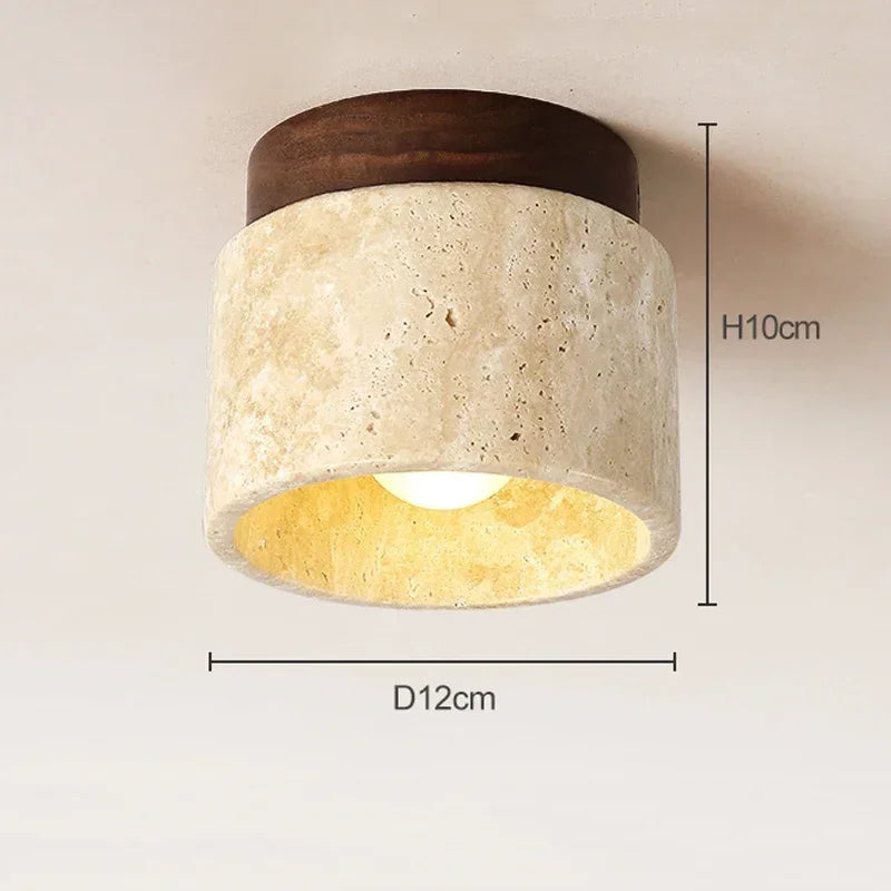 WabiGlow – Japanese Travertine Ceiling Light with Wooden Accents