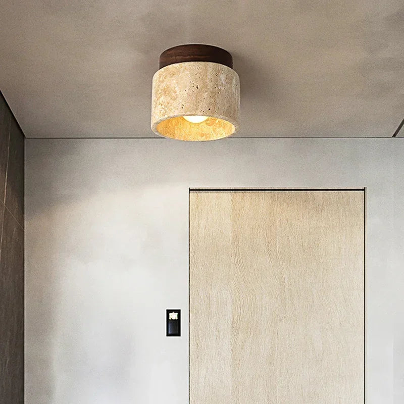 WabiGlow – Japanese Travertine Ceiling Light with Wooden Accents