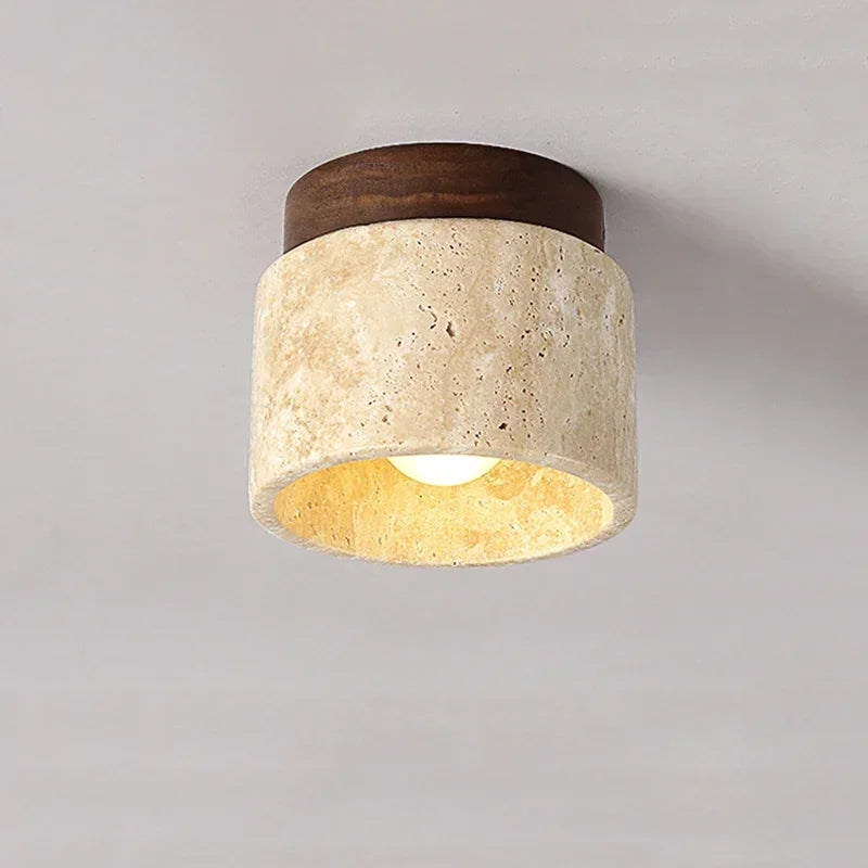 WabiGlow – Japanese Travertine Ceiling Light with Wooden Accents