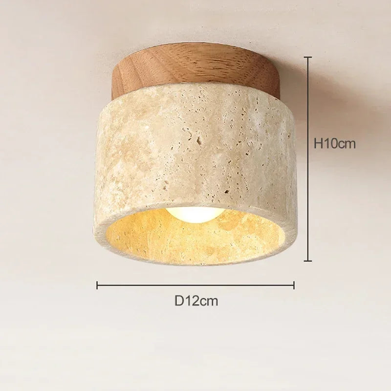 WabiGlow – Japanese Travertine Ceiling Light with Wooden Accents