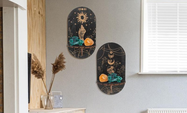 Celestial Harmony Wall Shelf Set Featuring Sun and Moon Designs for Crystals and Decorative Items