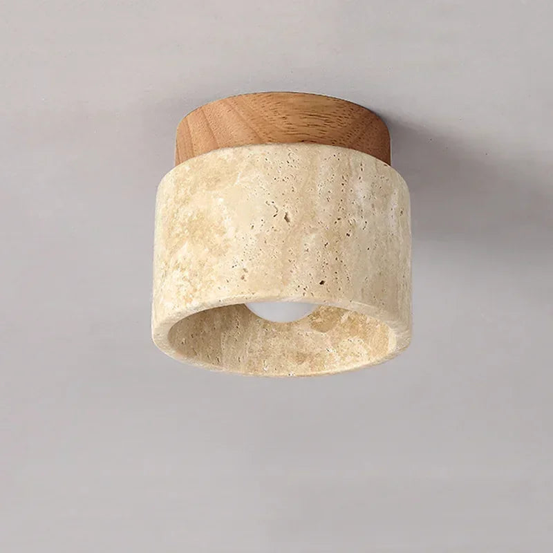 WabiGlow – Japanese Travertine Ceiling Light with Wooden Accents