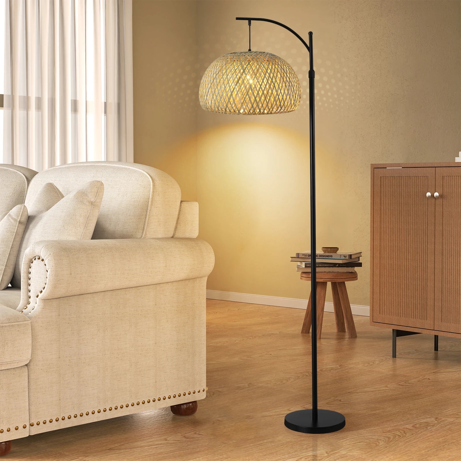 RattanGlow - Boho Farmhouse Floor Lamp with Bamboo Shade