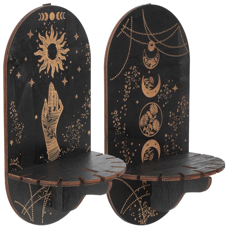 Celestial Harmony Wall Shelf Set Featuring Sun and Moon Designs for Crystals and Decorative Items