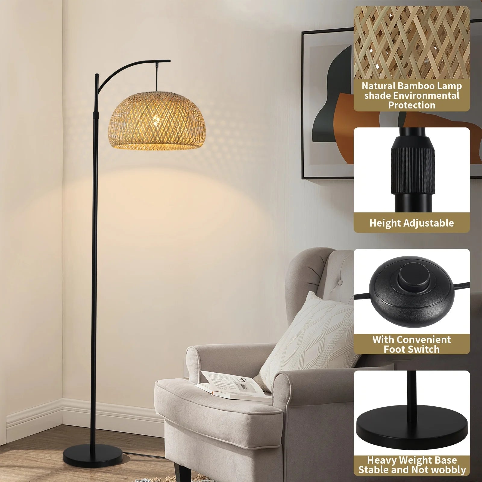 RattanGlow - Boho Farmhouse Floor Lamp with Bamboo Shade