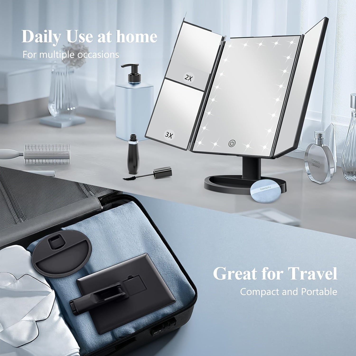 GlowTouch - Tri-Fold Makeup Mirror with LED Lights and Magnification