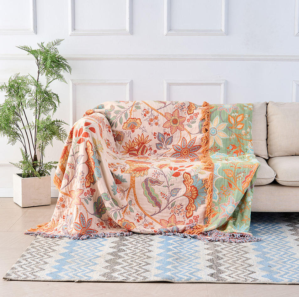 Bomuld Tæppe Boho Blomstret Sofaovertræk