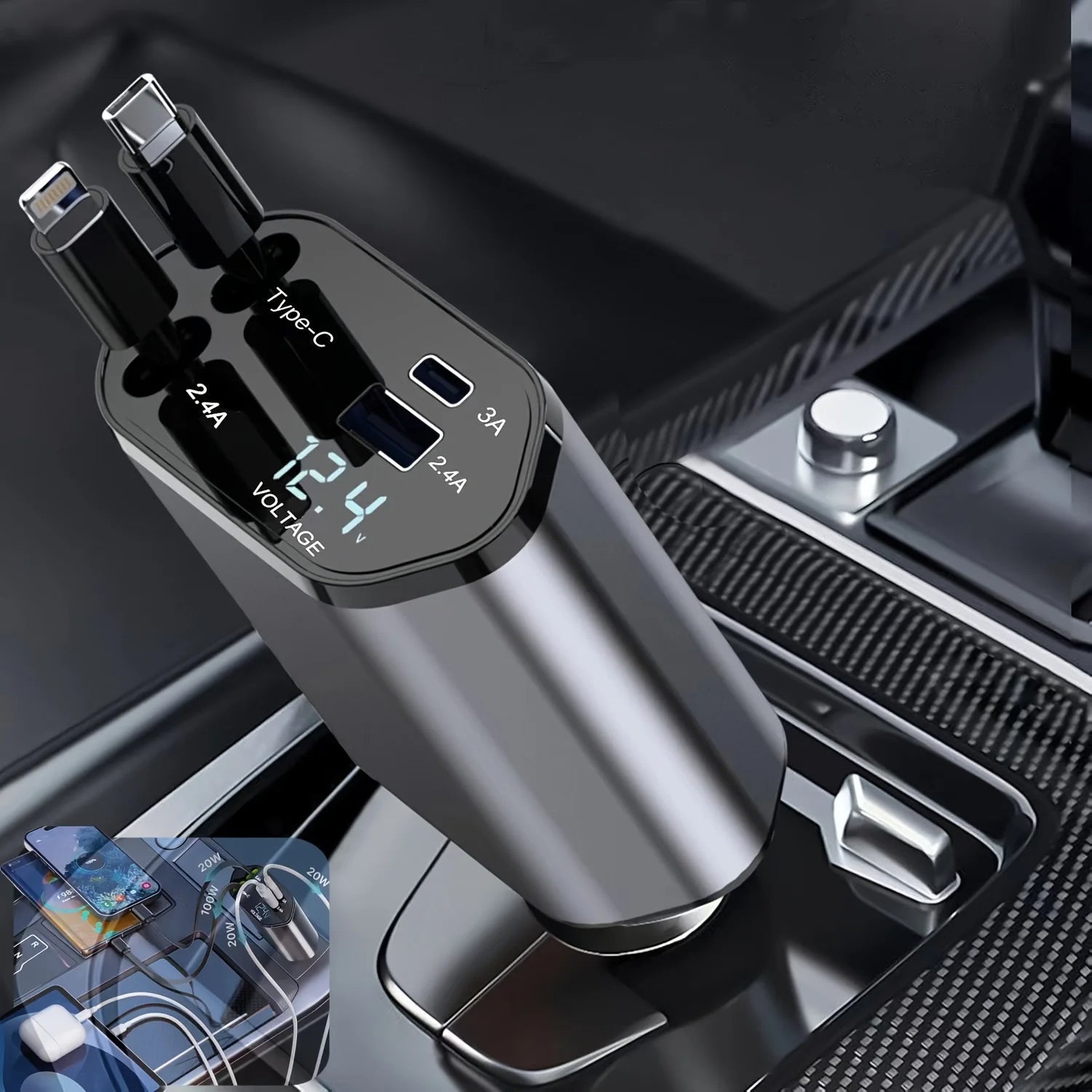 Rychlonabíjecí zatahovací USB nabíječka do auta