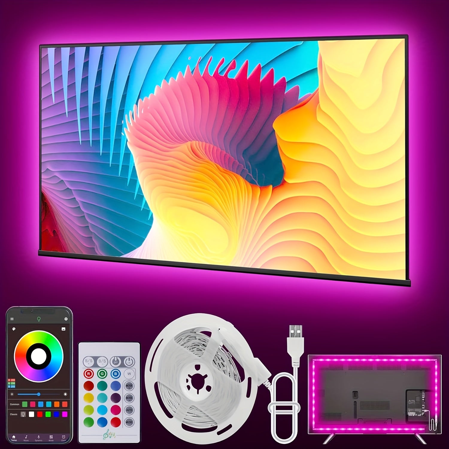 LED TV-bagbelysningsstrimmel med fjernbetjening