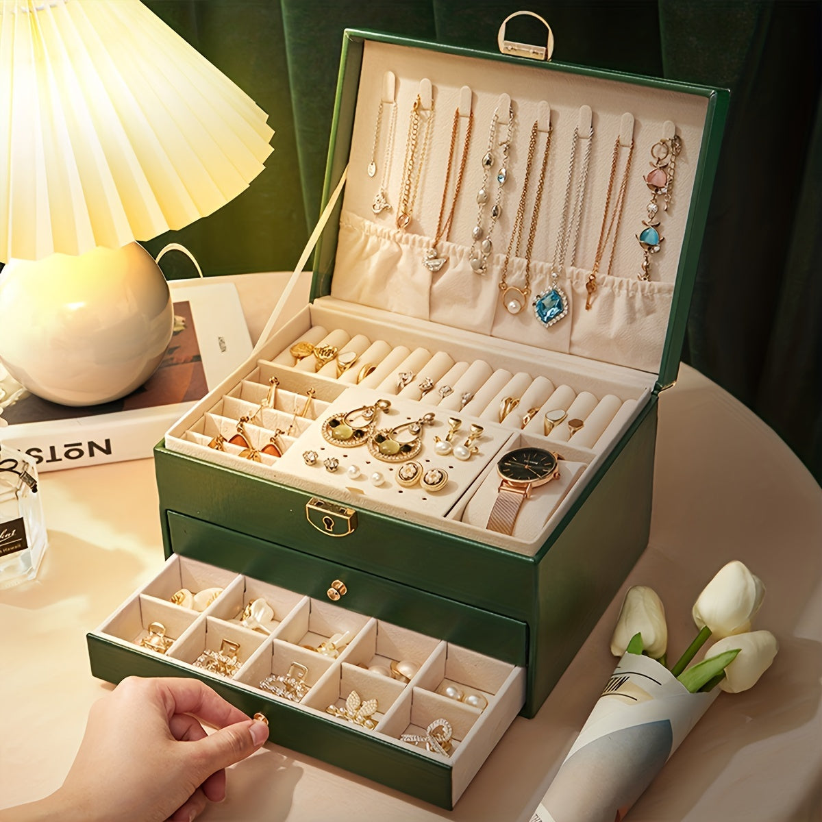Boîte à bijoux grand organiseur de tiroir en cuir