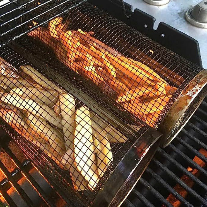 Koš na gril BBQ z nerezové oceli, otočný válec